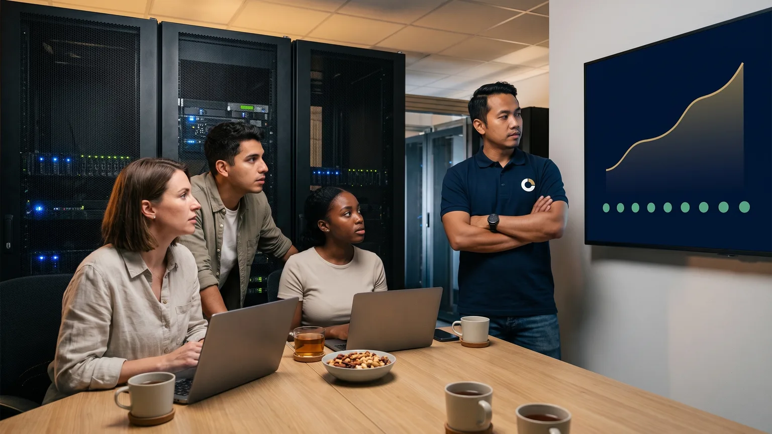 On a sale evening, a store team watches a steady traffic climb on a wall screen while a ZenoCloud engineer in a navy branded polo stands with them.