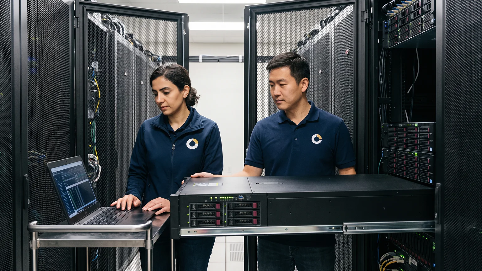 Two ZenoCloud engineers in navy branded clothing service a rack server pulled out on its rails in a colocation data hall, one checking it on a crash-cart laptop.