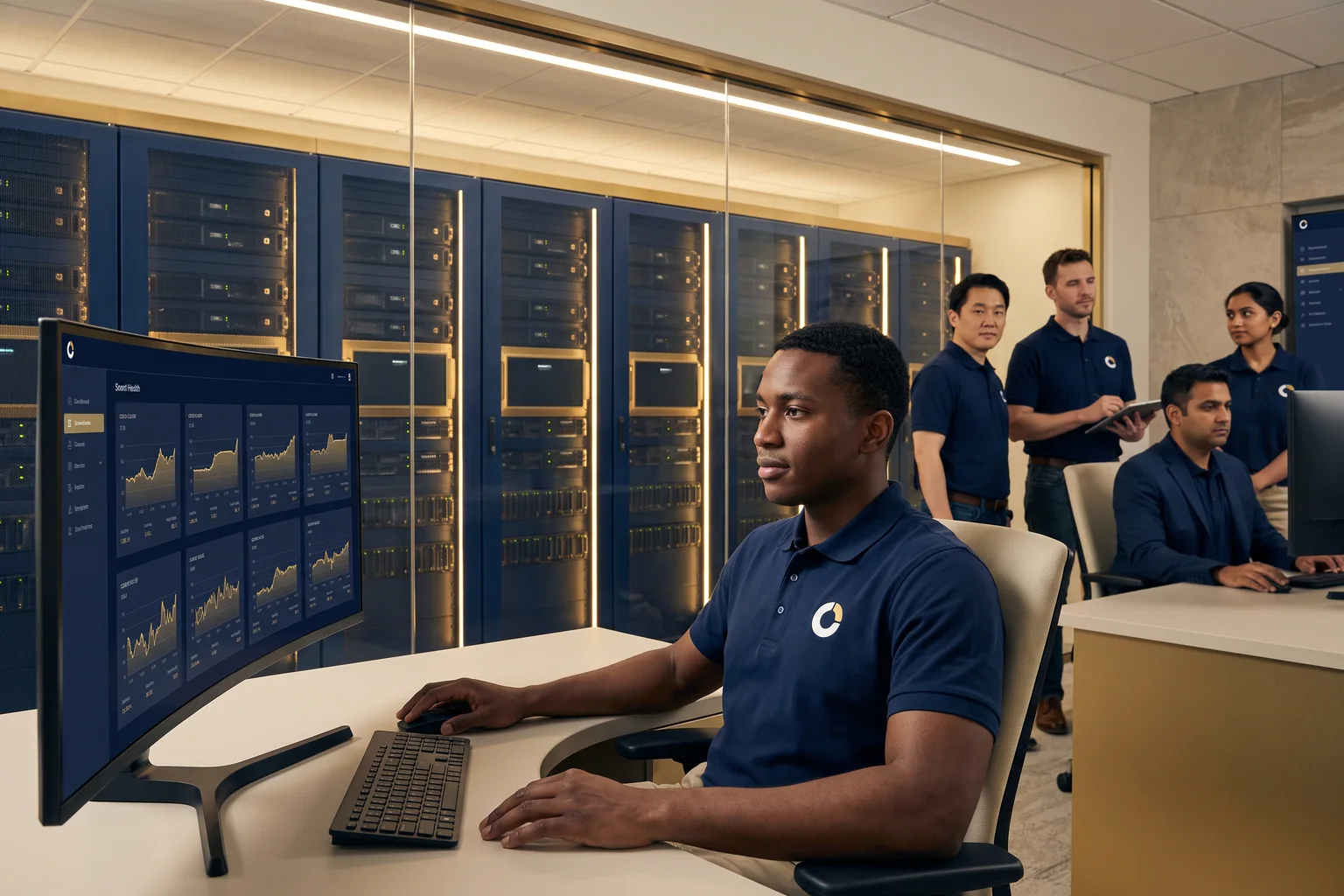 A ZenoCloud engineer in a navy branded polo watches server health on a large monitor, with server racks and colleagues behind him.