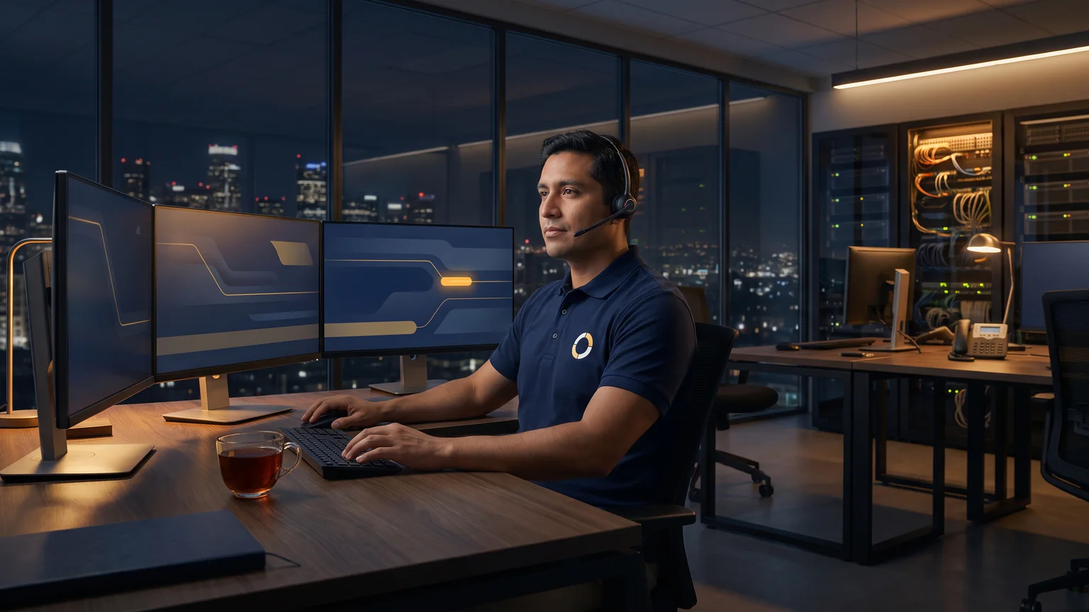 A ZenoCloud engineer in a navy branded polo and headset watches the monitoring screens at 2 a.m., the city dark outside.