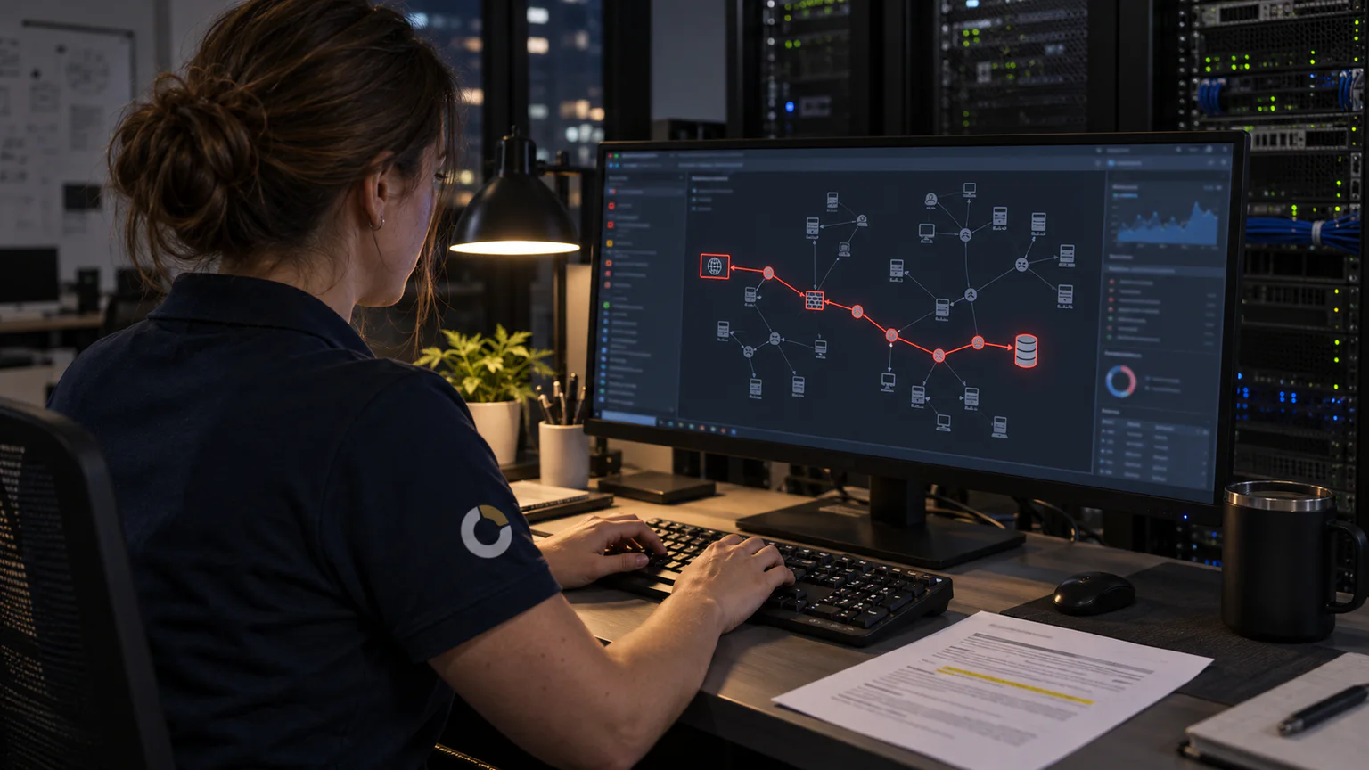 Over the shoulder of a ZenoCloud security tester at night: a network map with one attack path highlighted in red and a printed findings sheet beside the keyboard.