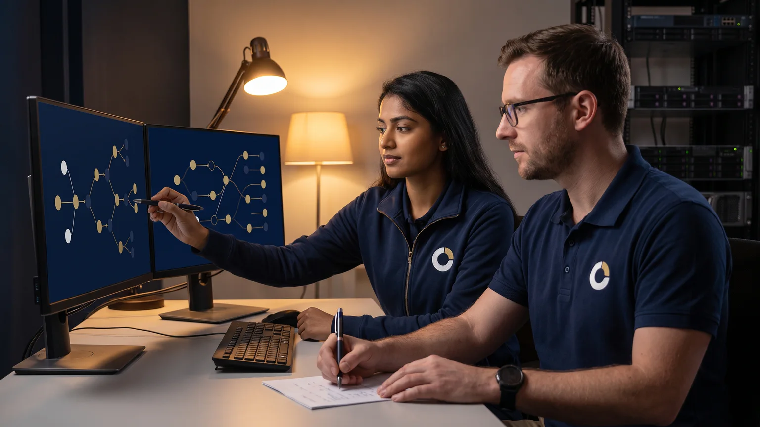 Two ZenoCloud security testers in navy branded clothing trace an attack path on a monitor and take notes late in the evening.