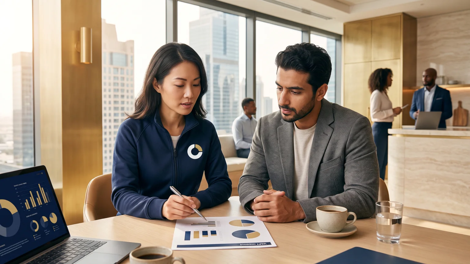 A ZenoCloud security consultant in a navy branded jacket walks a startup CTO through the findings in a printed VAPT report.