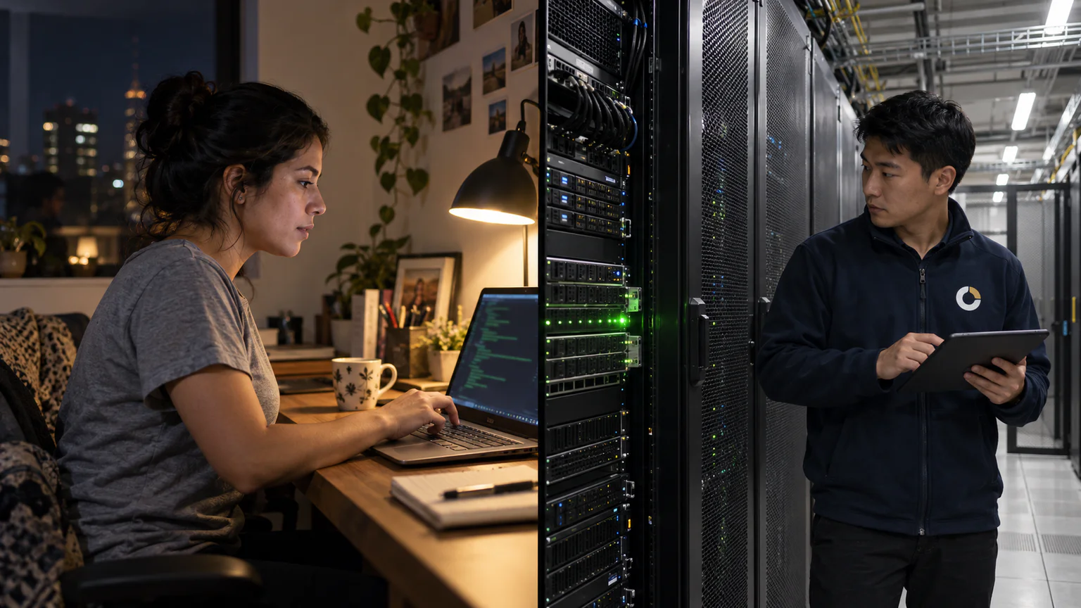 Split scene: a developer deploys from home at night while, in the ZenoCloud data hall, her server's lights turn green as an engineer looks on.