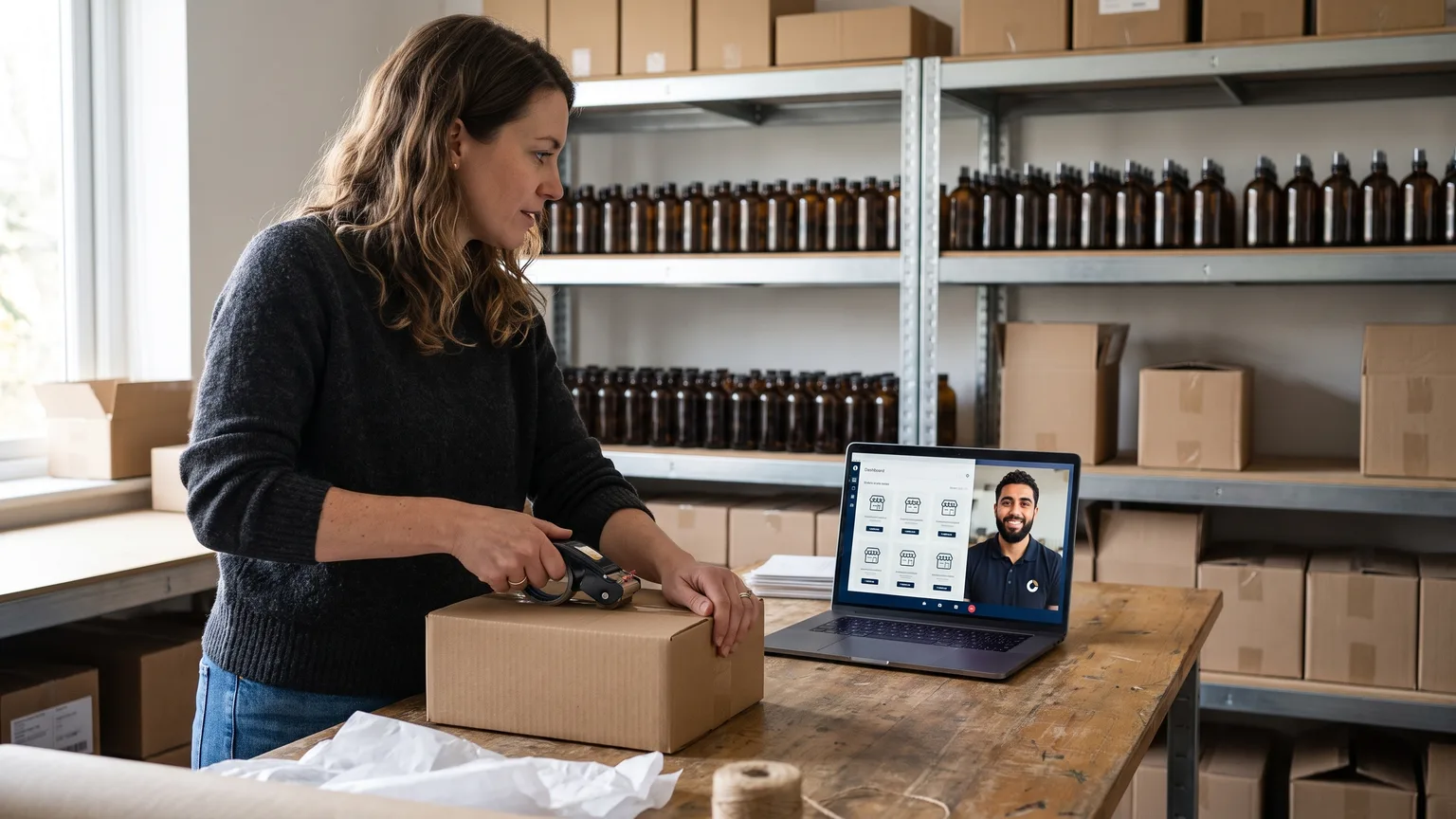 A small online brand owner packs an order in her stockroom while a ZenoCloud support engineer in a navy branded polo helps on a video call on the laptop.