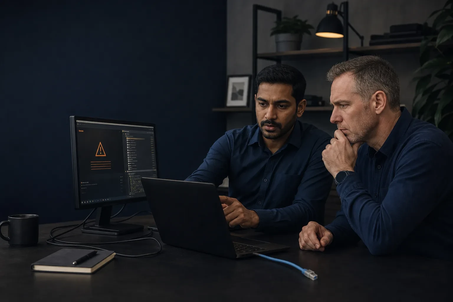 Two ZenoCloud engineers check a hacked WordPress site, a warning on the monitor beside them